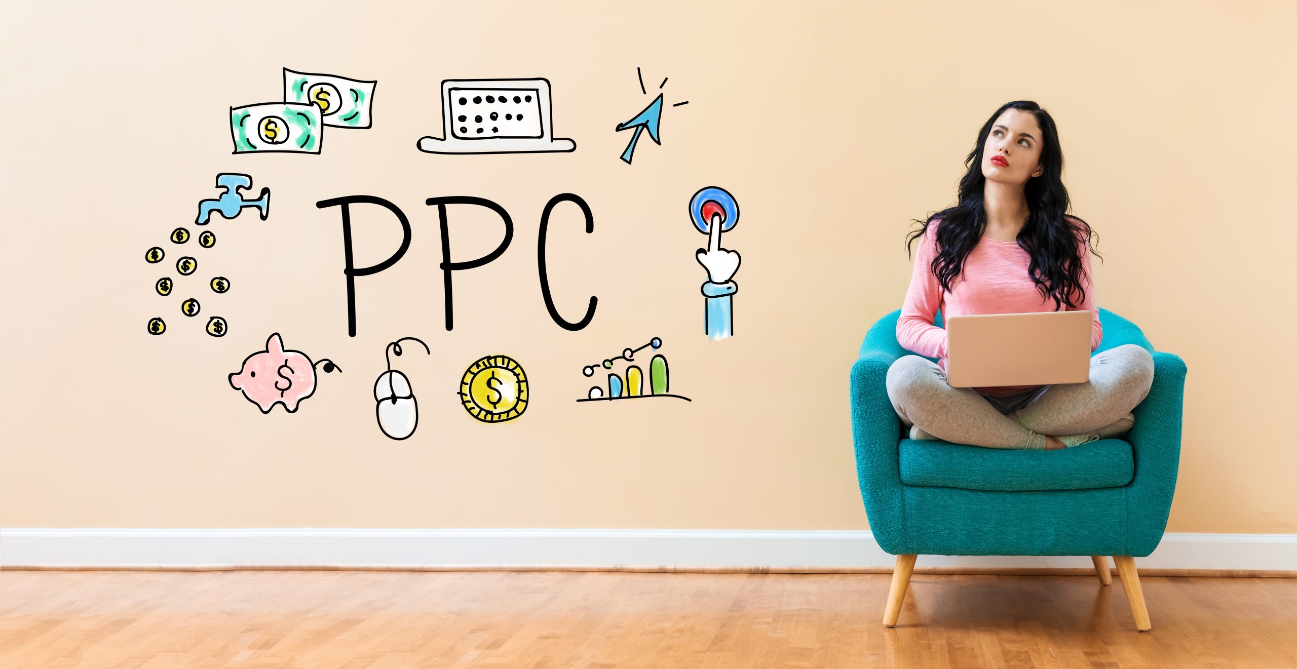 Woman sitting on a teal chair with a laptop, looking up, against a wall decorated with PPC and advertising doodles including money, piggy bank, and graphs